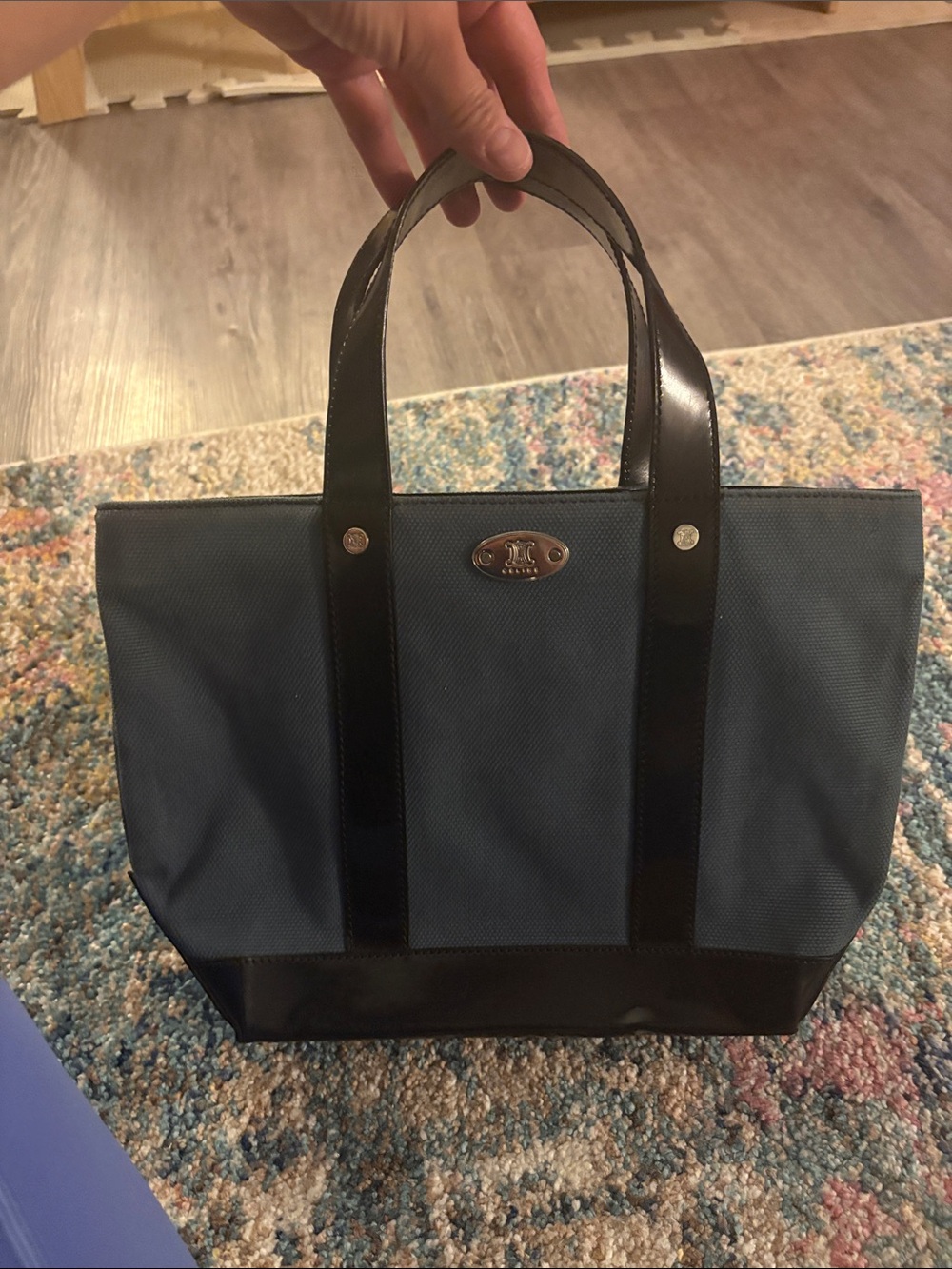 Celine denim and black leather trimmed satchel bag with serial tag inside